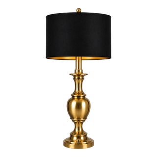 Late 20th Century Large Solid Brass Urn Table Lamp With New 17” Black & Gold Drum Shade | Classic Traditional For Sale