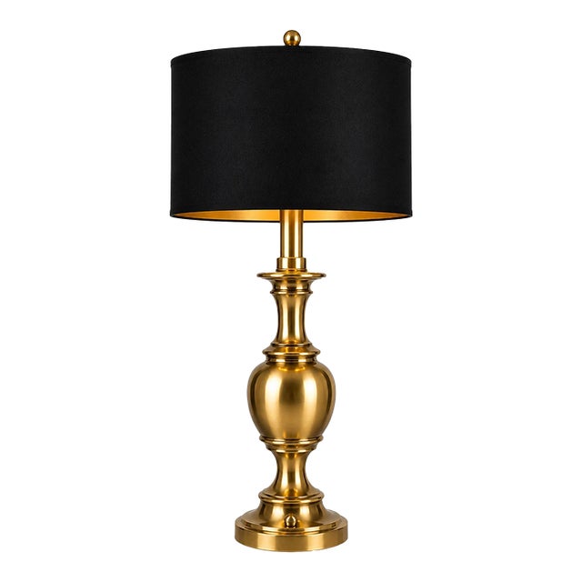 Late 20th Century Large Solid Brass Urn Table Lamp With New 17” Black & Gold Drum Shade | Classic Traditional For Sale