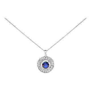 Sterling Silver Lab Grown Sapphire and Baguette Diamond Medallion Pendant Necklace For Sale