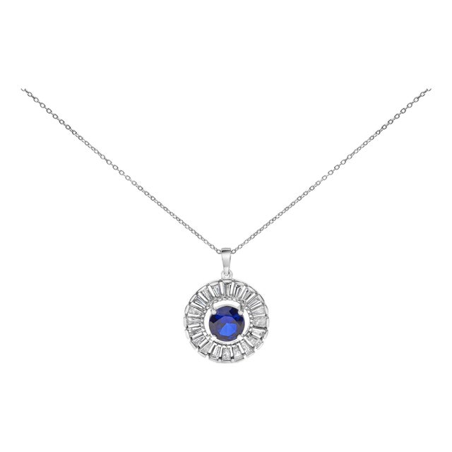 Sterling Silver Lab Grown Sapphire and Baguette Diamond Medallion Pendant Necklace For Sale