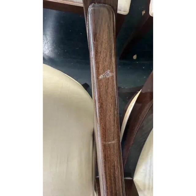 Set of 8 Pietro Costantini Italian Dining Chairs — Sculptural Walnut With Cream Moiré Seats, 1980s For Sale - Image 10 of 17