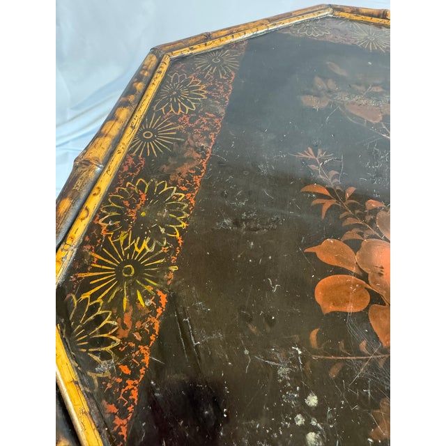 Antique English Bamboo Lacquered Octagonal Table | Aesthetic Movement Chinoiserie | Japanned Top, 28in Tall For Sale In New York - Image 6 of 17