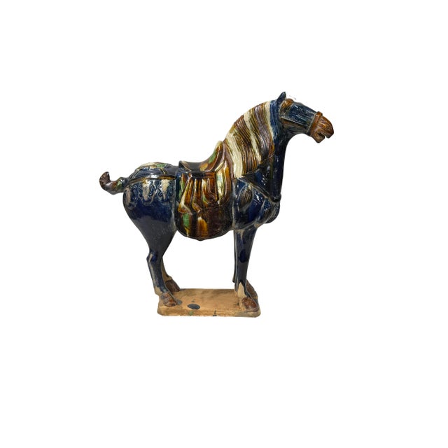 Asian Oriental Ceramic Sancai Dark Blue Brown Beige Fengshui Artistic Horse Figure For Sale - Image 3 of 11