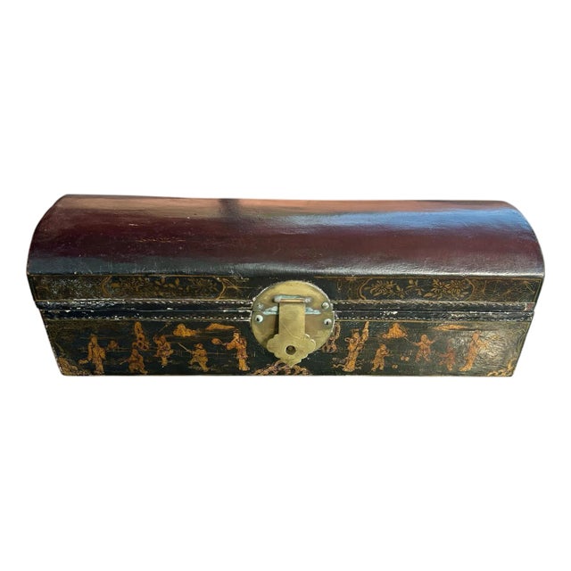 Chinese Leather Scroll Box - Hand-Painted Lacquered Wood, 19th Century For Sale
