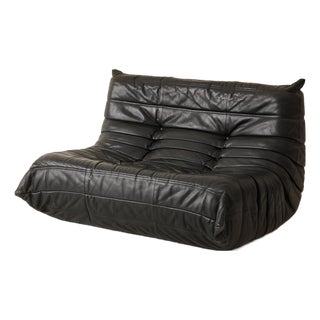 Black Leather “Togo” Two-Seater Sofa Attributed to Michel Ducaroy for Ligne Roset, 1970s For Sale
