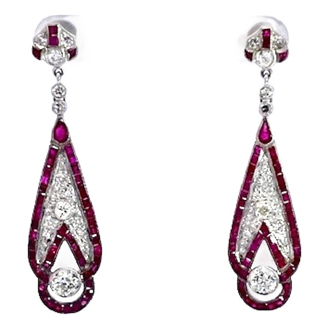 1990s Pair of Art Deco 18k White Gold Ruby Diamond Drop Earrings, 2" Length For Sale