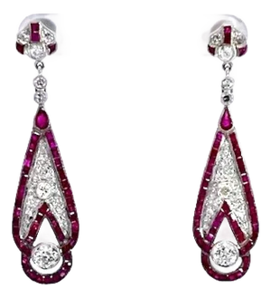 1990s Pair of Art Deco 18k White Gold Ruby Diamond Drop Earrings, 2" Length