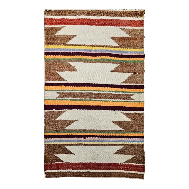 Vintage Native American Navajo Area Rug, Handwoven Wool, Geometric Band Pattern, Ivory, Rust, Purple, Yellow, 2x3 For Sale