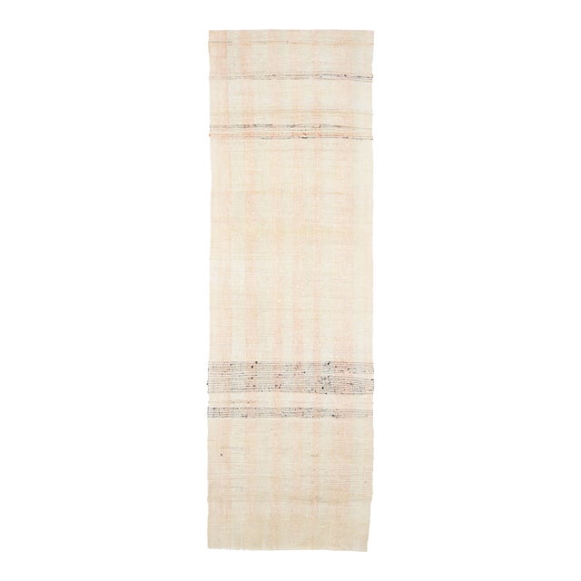 Vintage Turkish Hand-Knotted Wool Cotton Beige Kilim Runner Rug For Sale