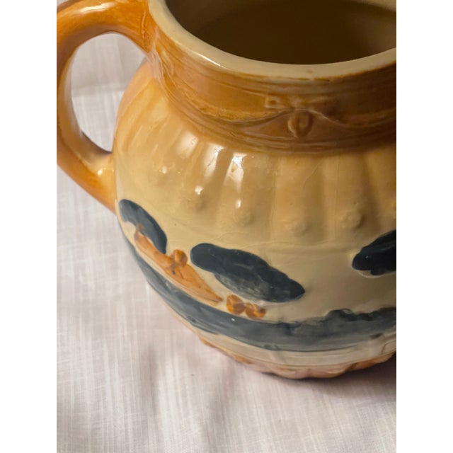 Beige Antique 1910s Attributed to Roseville Yellow Ware Woodlands Pitcher Glazed Countryside Scene For Sale - Image 8 of 12