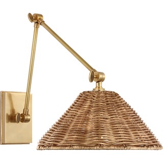 Marie Flanigan for Visual Comfort Signature Wimberley Double Library Wall Light in Soft Brass with Natural Wicker Shade For Sale