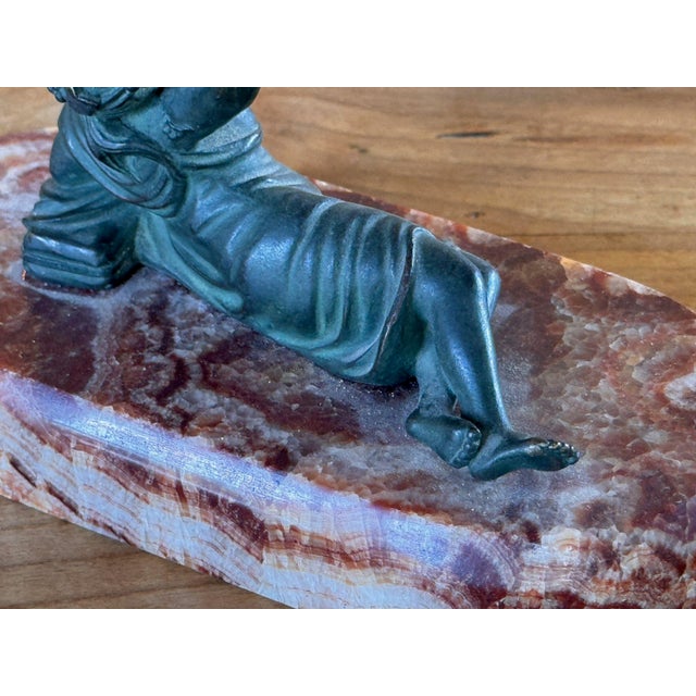 Metal 19th Century French Bronze Reclining Figure With Grapes on Banded Stone Base For Sale - Image 7 of 7
