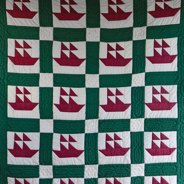 Large Antique American Hand Stitched Quilt, Sailboat Block Pattern, Early 20th Centry For Sale - Image 6 of 12