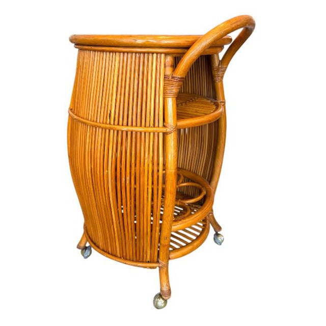 Italian Mid Century Rattan & Bamboo Barrel Bar Cart For Sale - Image 4 of 11