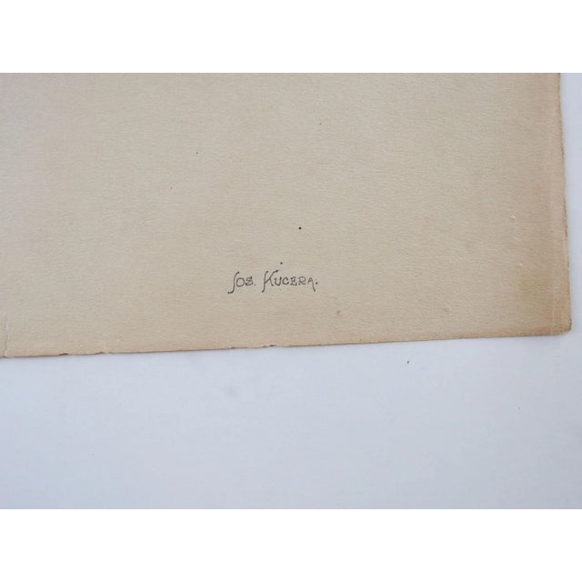 Vintage early 20th century pencil on tan paper drawing of a carved bit of architectural trim work. Signed Joseph Kucera...