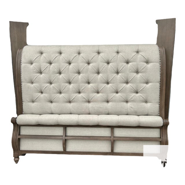Wood King Sleigh Bed Vintage Transitional Style Tufted Upholstered Linen Taupe For Sale