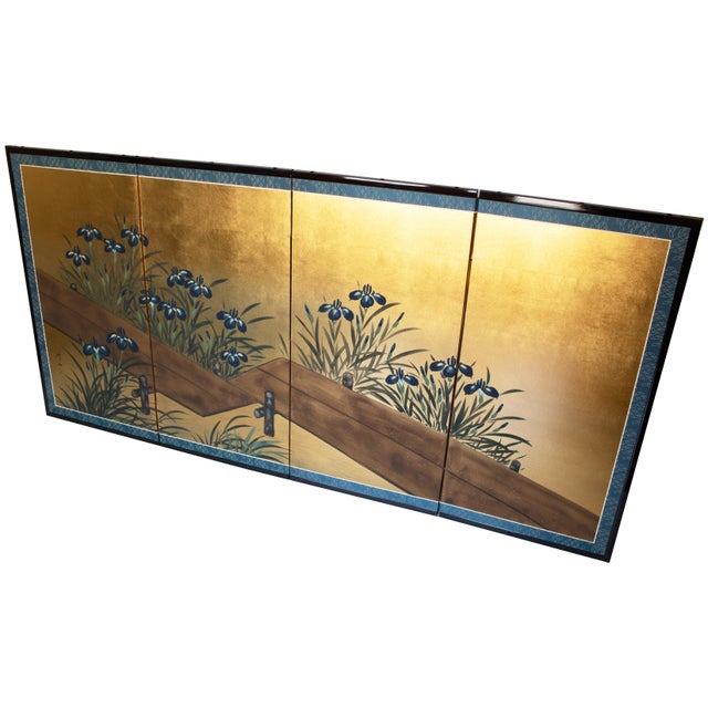 1990s "Rinpa Iris Yatsuhashi" by Taizan, Heisei Era Japanese Painted Byobu Screen For Sale - Image 5 of 18