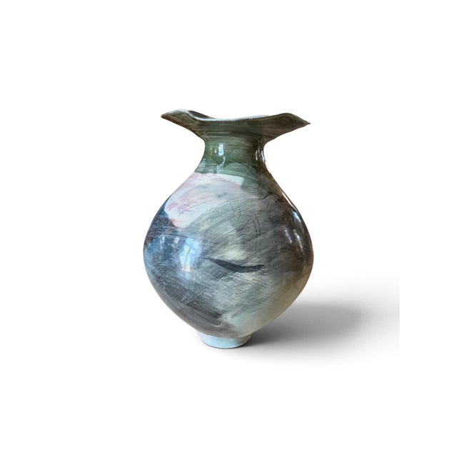 Abstract Signed Abstract Studio Pottery Vase With Sculptural Wavy Rim For Sale - Image 3 of 7