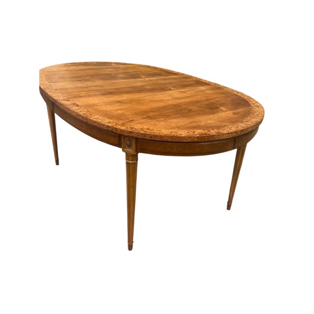 Vintage American Furniture Burl Walnut Oval Expandable Dining Table With 3 Leaves & Original Table Pad For Sale - Image 11 of 13