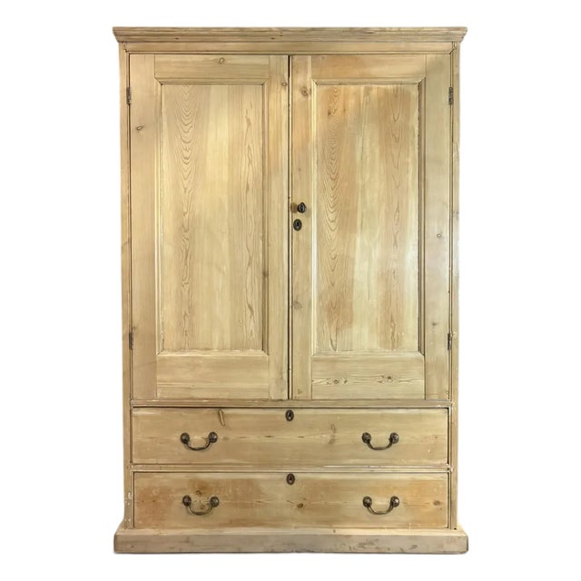Antique English Pine Wardrobe Linen Press Amoire Cupboard For Sale