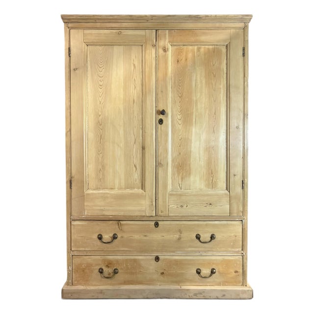 Antique English Pine Wardrobe Linen Press Cupboard For Sale