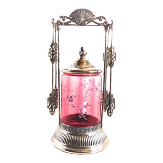 1930s Pink Decorated Glass Pickle Jar and Stand With Two Tongs For Sale