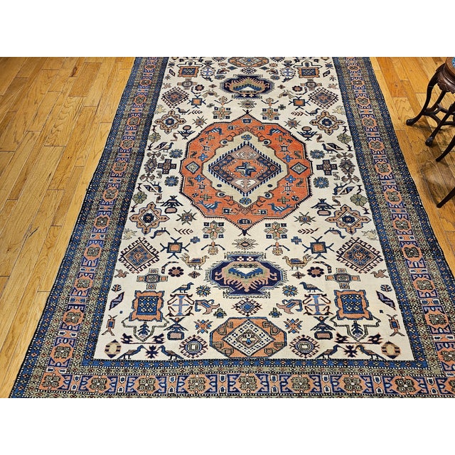 Vintage Room Size Ardabil Rug in Geometric Pattern in Ivory, Brick, Pale Blue, Olive For Sale - Image 10 of 16