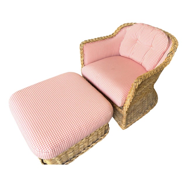 Peter Rocchia for Wicker Works rattan lounge chair & ottoman. Thick braided edge to both pieces. Upholstered in a pink and...