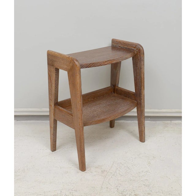 Pair of Mid-Century French Cerused Oak End Tables. Depth of bottom shelf is 11"
