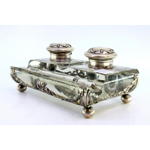 Embossed Silver and Glass Inkwell with Ball-Shaped Feet, in Very Good conditions. Designed 1890 to 1919 This piece has an...
