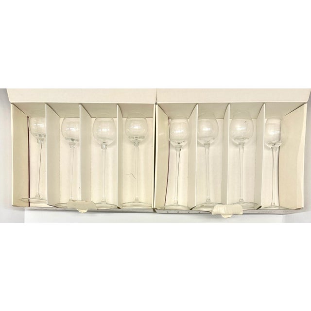 Vintage Tall Stem Set 8 Glasses Glass Crystal Liquor Cordial Port Lot Box NoS Hungary Toscany For Sale In Los Angeles - Image 6 of 11