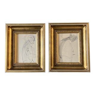 1950’s 2 Original Abstract Charcoal Figure Study Drawings Gold Frames-A Pair For Sale