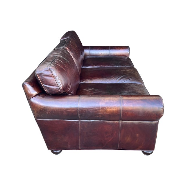 Wood Restoration Hardware Medium Brown Leather Sofa With Feather-Filled Cushions For Sale - Image 7 of 10