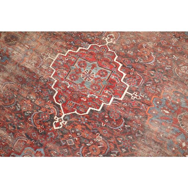 Red Zabihi Collection Worn Persian Large Square Tribal Shiraz Rug For Sale - Image 8 of 10