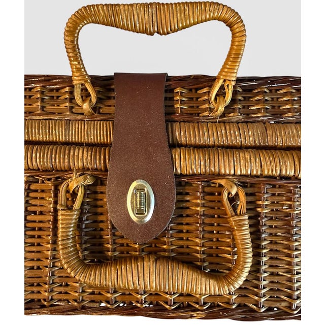 Vintage Handwoven Wicker Suitcase Picnic Basket Hamper With Leather Strap and Brass Turn Lock Closure For Sale - Image 9 of 10