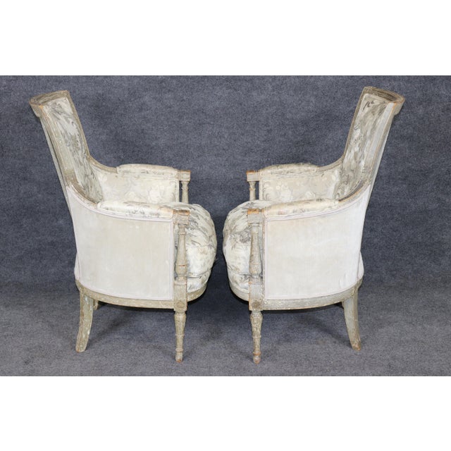 Mid 18th Century Pair 18th Century French Louis XVI Distressed Painted Bergères For Sale - Image 5 of 17