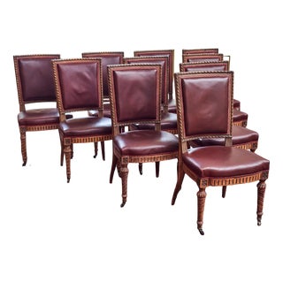 Antique Louis XVI Chairs in Carved Leather, Set of 10 For Sale