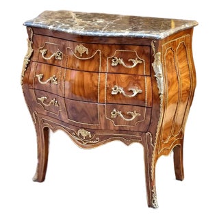 French 3 Drawer Commode – Curved Bombe Chest With Marble Top For Sale