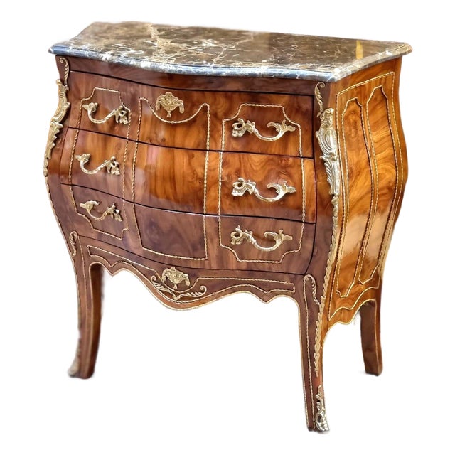 French 3 Drawer Commode – Curved Bombe Chest With Marble Top For Sale