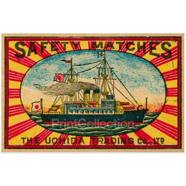 Striking vintage printed reproduction advertisement artwork titled “Japanese Battleship with Sunburst,” originally...