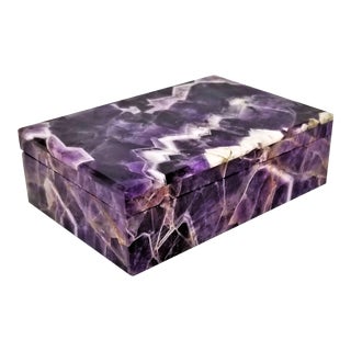 Vintage Amethyst Jewelry Keepsake Box - Magnificent Gemstone Semi-Precious Rock Crystal - Mid Century Modern Palm Beach Chic Alabaster Marble For Sale