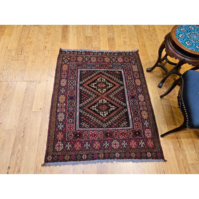 Vintage Afghan Baluch Tribal Area Rug in a Near-Square Size in Red, Blue, Brown For Sale - Image 4 of 17