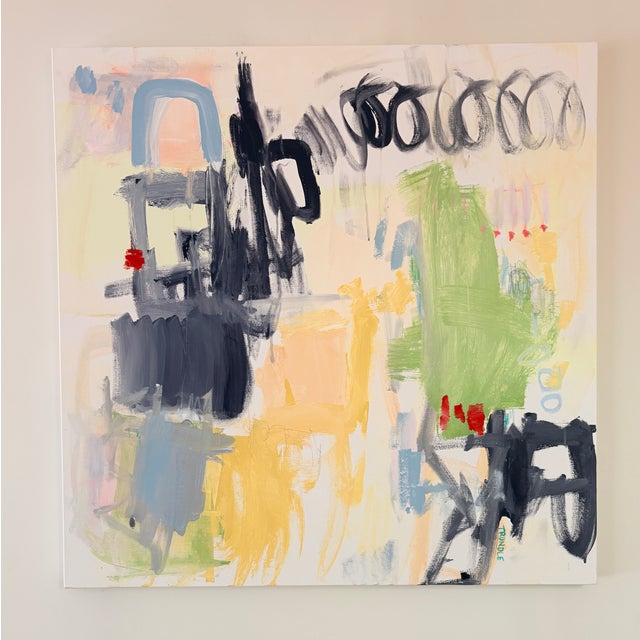 Acrylic, graphite, and oil stick on canvas, 36 x 36 x 1.5, edges painted white, back wired, ready to hang.