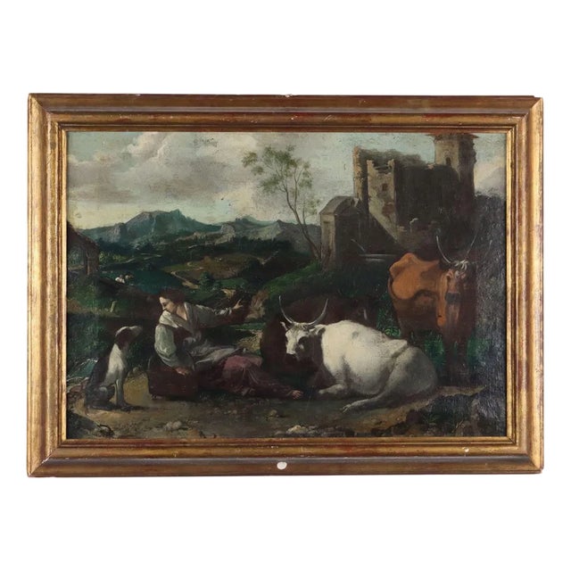 Cattle and Shepherdess, Oil on Canvas, Framed For Sale