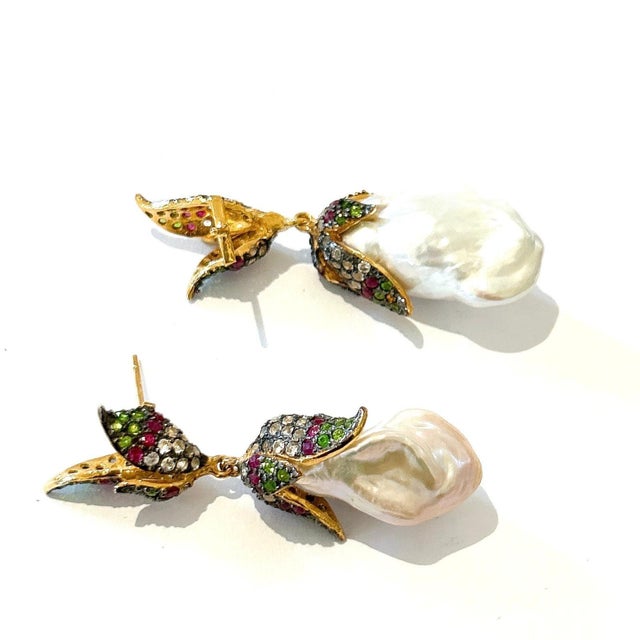 Bochic "Orient" Vintage Ruby, Topaz & Multi Fancy Gem Earrings Set In 18K Gold & Silver Natural Emeralds - 1 carat Natural...