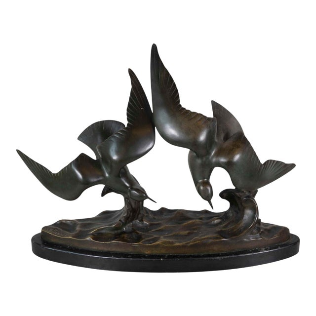 Mid 20th Century J.B. Léonard, Two Seagulls in Flight, Art Deco Bronze Sculpture For Sale