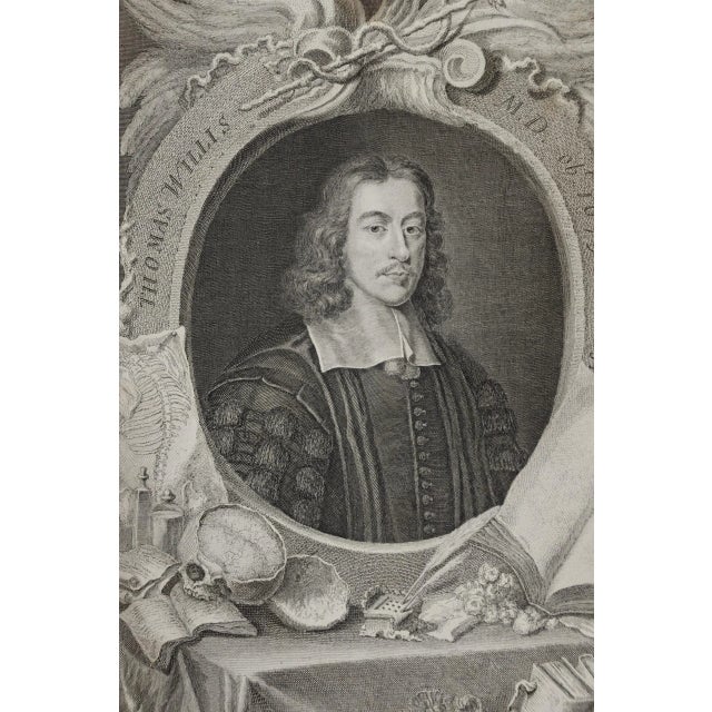 This is an 18th century copperplate engraved portrait of the 17th century physician and scientist Thomas Willis, MD from...