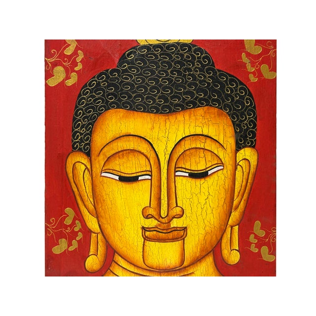 1990s Vintage HandPainted Artistic Buddha Head Wood Plaque Art For Sale - Image 5 of 5
