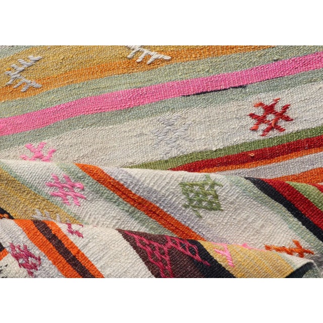 Mid 20th Century Mid 20th Century Vintage Hand Woven Turkish Kilim Colorful Stripe Runner With Tribal Motifs For Sale - Image 5 of 12