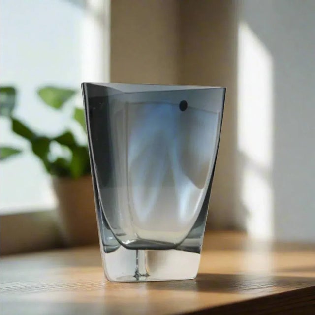 Mid-Century Modern Modernist Glass Vase, Gray Blue Triangular Form | Made in Poland For Sale - Image 3 of 6